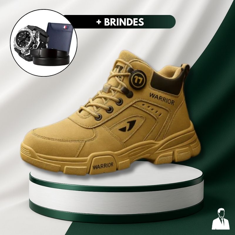 Kit Bota Militar Warrior Masculina de Couro Legitimo + 3 BRINDES: Cinto, Relógio e Carteira