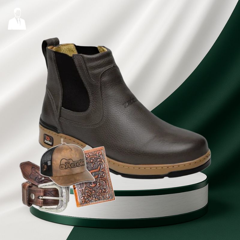 Kit Bota Masculina Ortopédica Zamu em 100% Couro Bovino + BRINDES: Cinto, Boné e Carteira