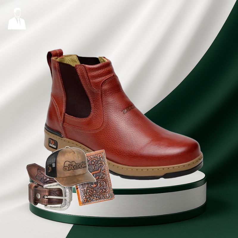 Kit Bota Masculina Ortopédica Zamu em 100% Couro Bovino + BRINDES: Cinto, Boné e Carteira