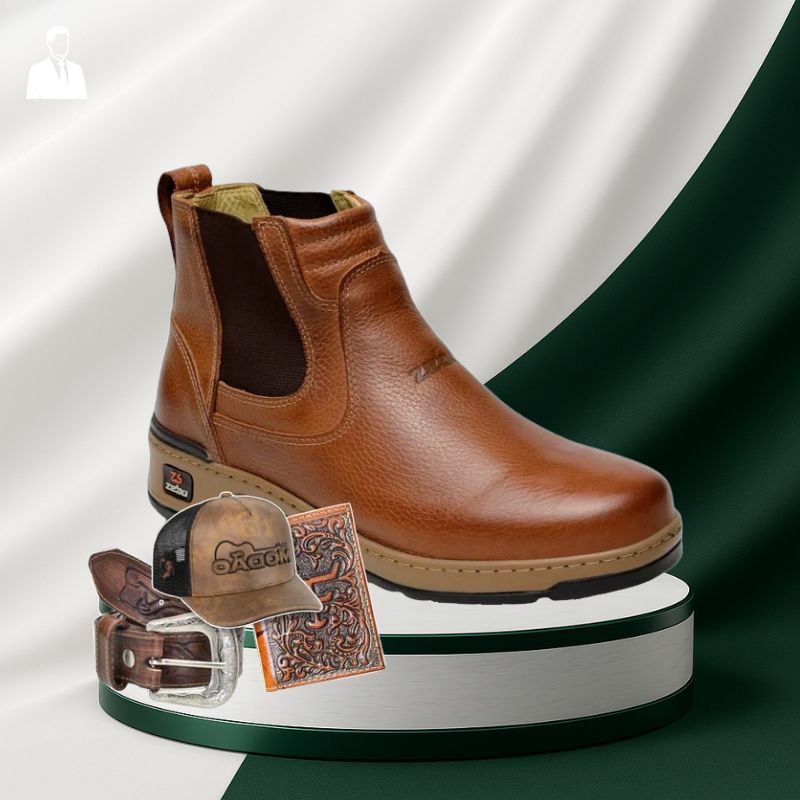 Kit Bota Masculina Ortopédica Zamu em 100% Couro Bovino + BRINDES: Cinto, Boné e Carteira