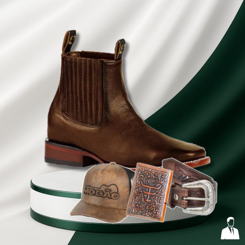 Kit Bota Masculina Ortopédica Force em 100% Couro Bovino + Cinto Country, Boné Modão e Carteira GRÁTIS