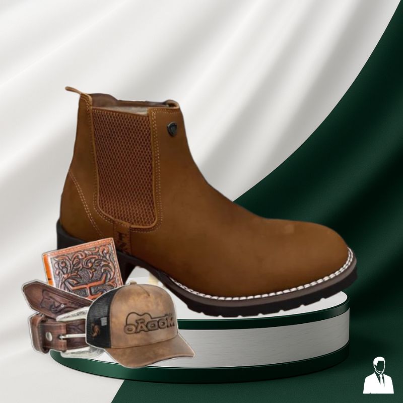 Kit Bota Masculina Ortopédica Fazuno em 100% Couro Bovino + BRINDES: Cinto, Boné e Carteira